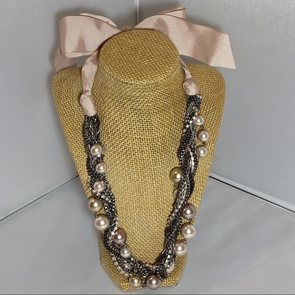 Jewelry - Pearl,crystal and silver necklace with ribbon tie